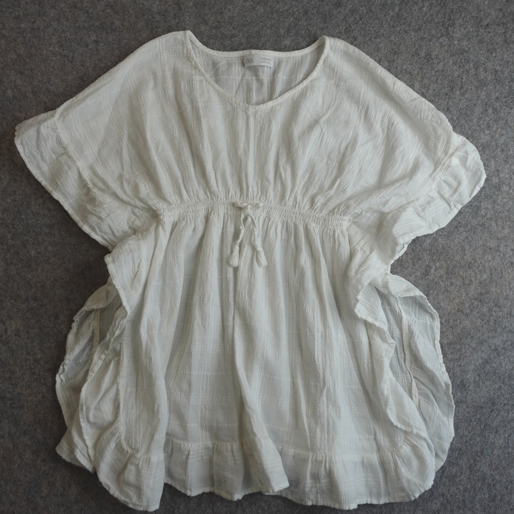 Zara White Gauze Kaftan Tunic Top Womens OS Ruffle Beachy Cover Up Boho Coastal